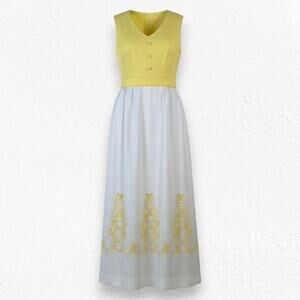 Vintage 1960s Edith Flagg Yellow Crimplene Maxi Dress Mod Embroidered Size 8